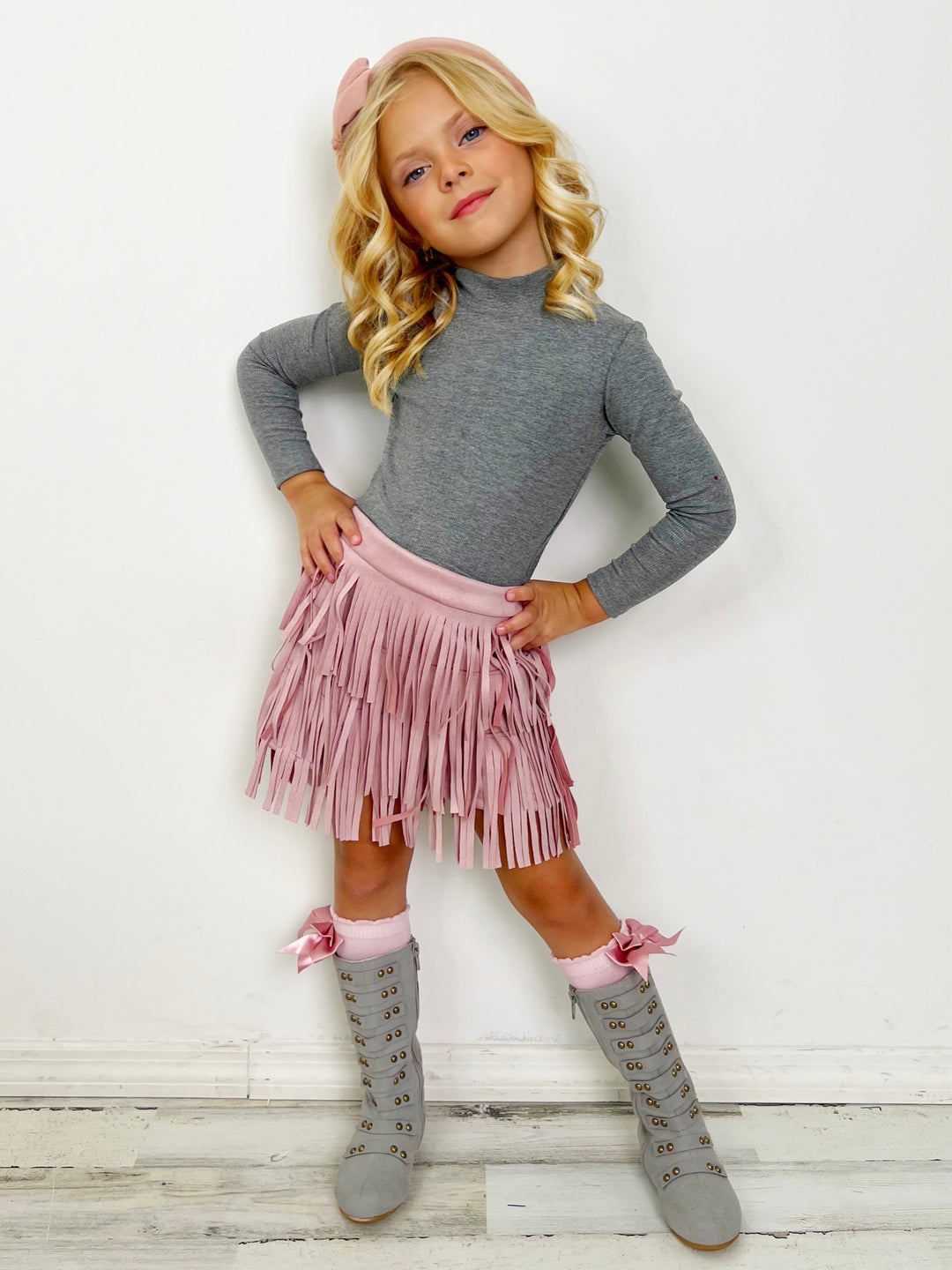 Mia Belle Girls Grey Top And Pink Fringe Suede Shorts Set