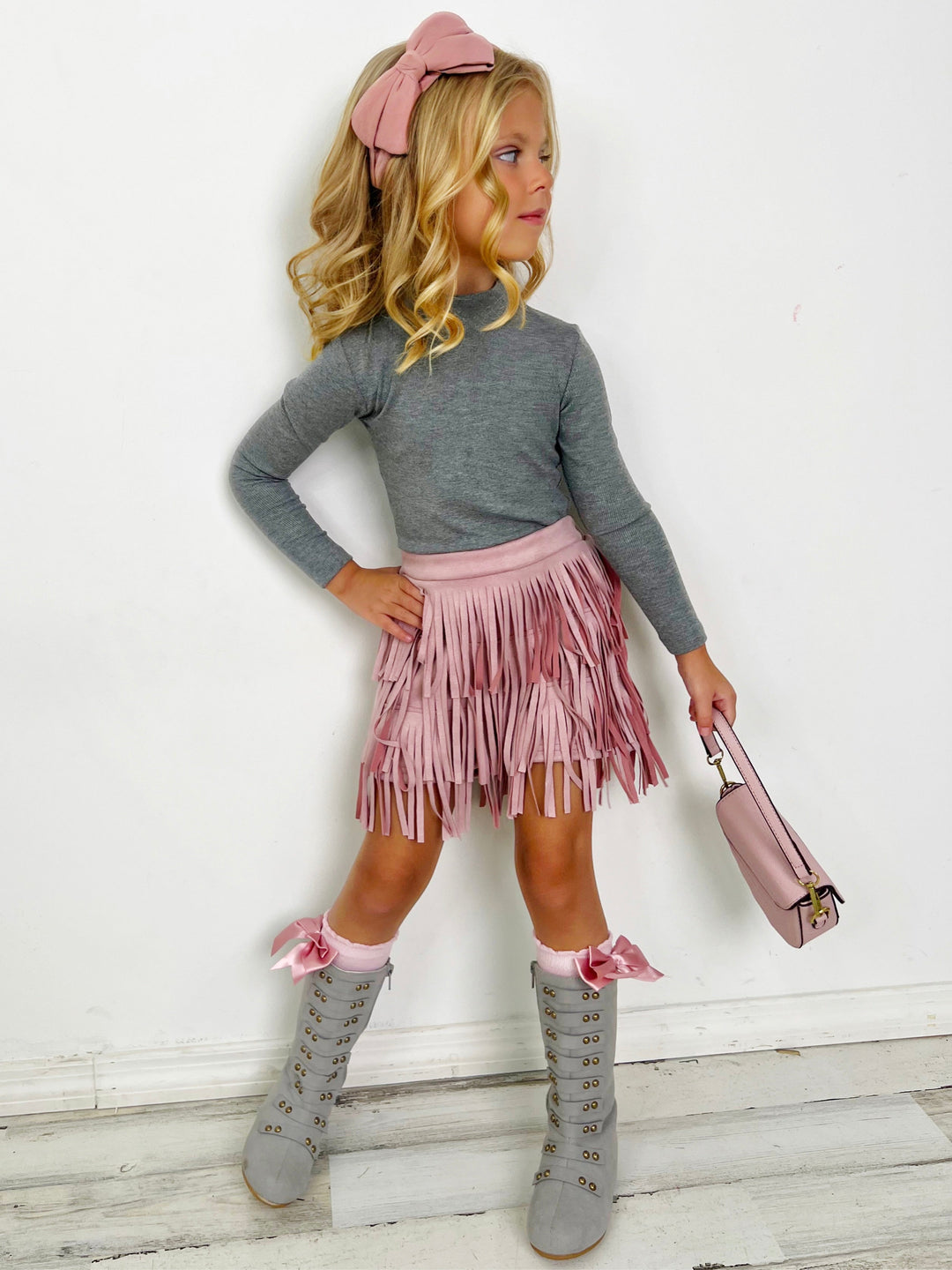 Mia Belle Girls Grey Top And Pink Fringe Suede Shorts Set