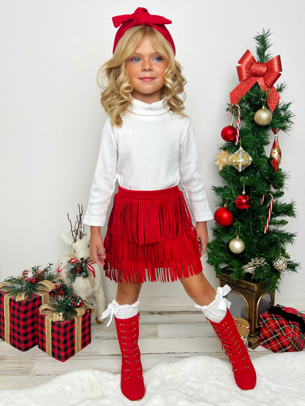 Mia Belle Girls Turtleneck & Fringe Skirt Set | Cute Winter Outfits