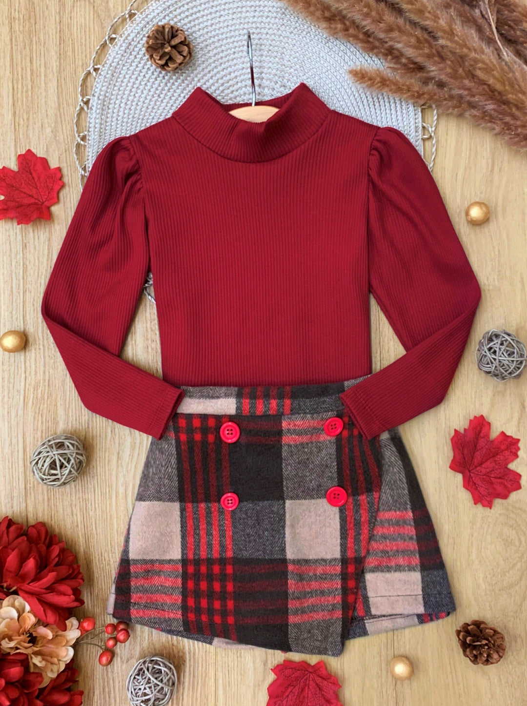 Picture Perfect Turtleneck Knit Sweater & Checkered Skort Set