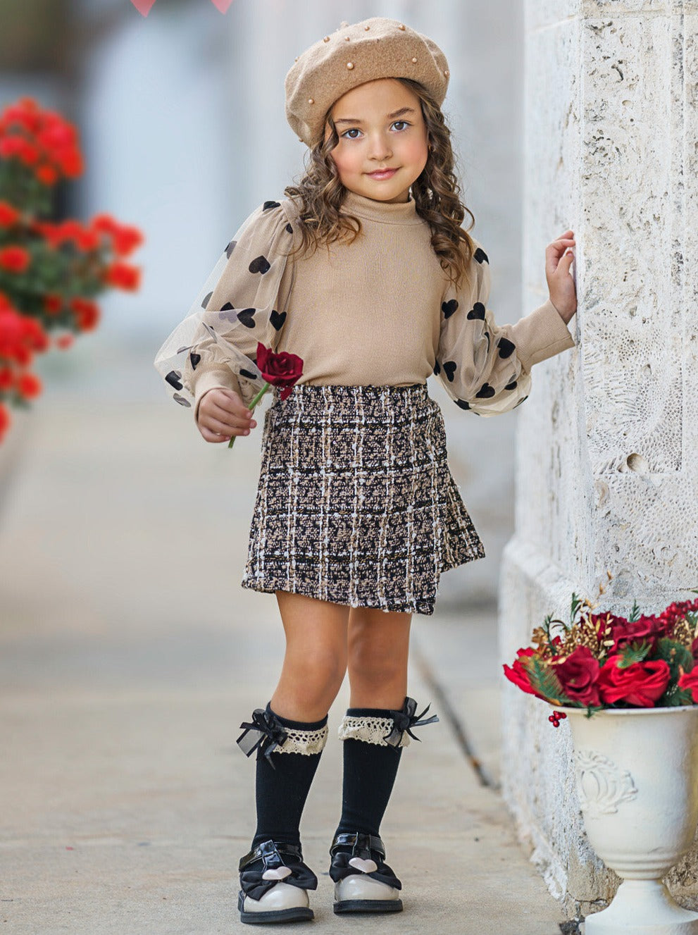 Mia Belle Girls Tulle Sleeve Top & Tweed Skort Set | Valentine's Set