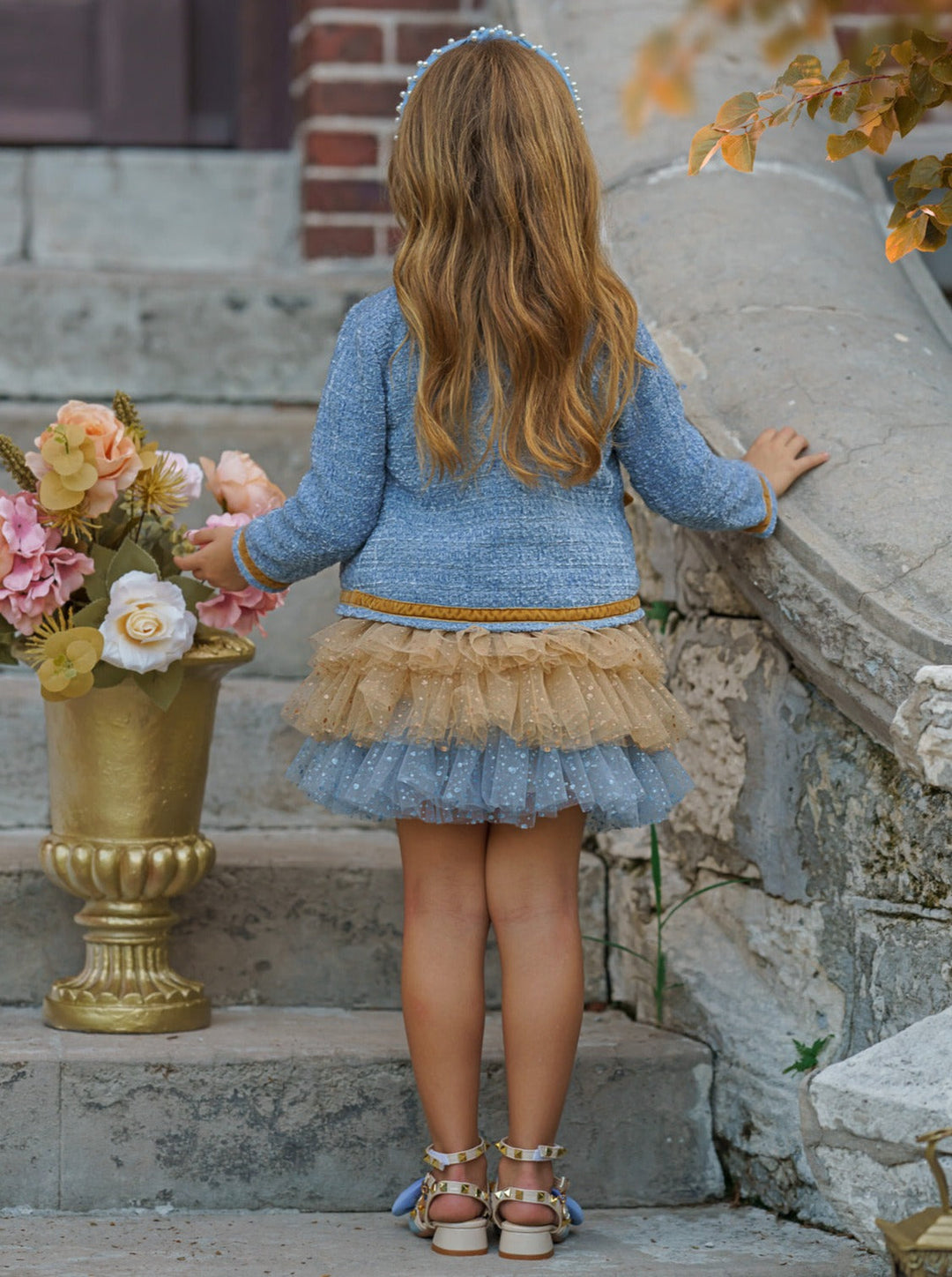 Mia Belle Girls Blue Tweed Jacket & Sequined Tulle Skirt Set 