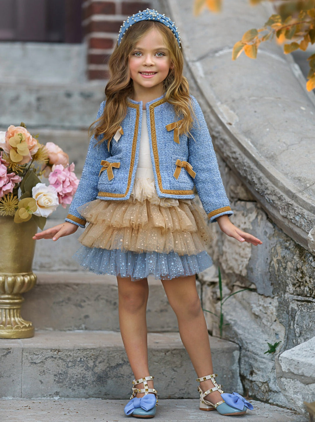 Mia Belle Girls Blue Tweed Jacket & Sequined Tulle Skirt Set 