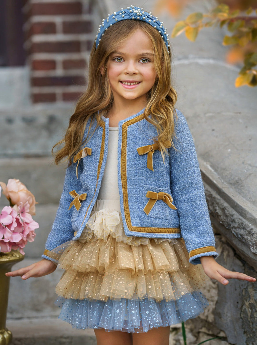 Mia Belle Girls Blue Tweed Jacket & Sequined Tulle Skirt Set 