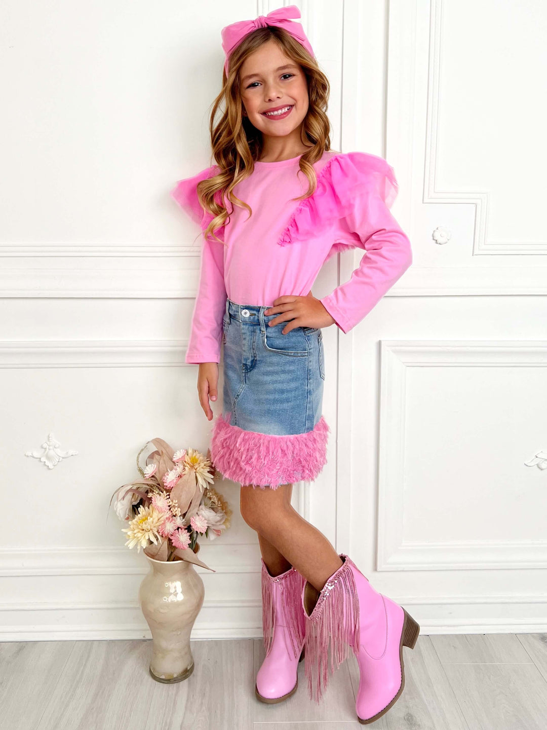 Pink Ruffle Top and Feather Trim Denim Skirt Set