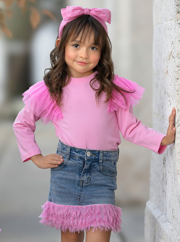 Pink Ruffle Top and Feather Trim Denim Skirt Set