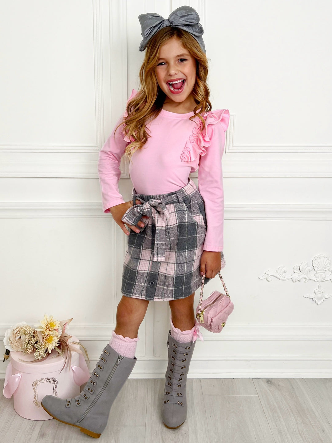 Pink Ruffles Top and Plaid Delight Brushed Fleece Skirt Set