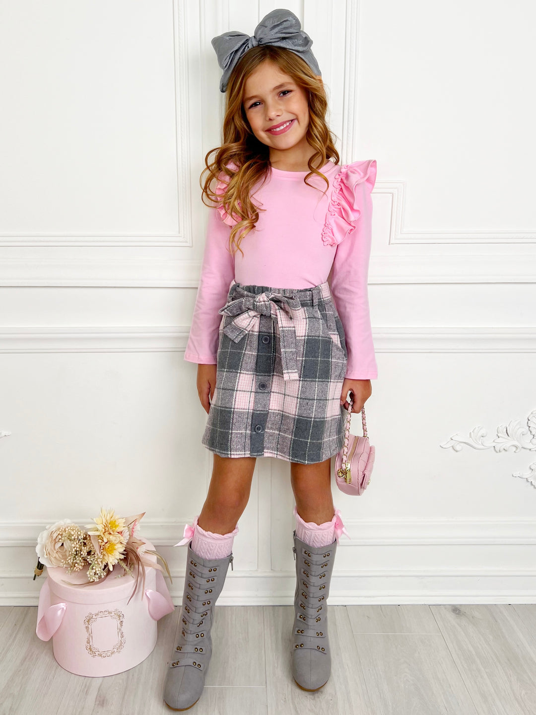 Pink Ruffles Top and Plaid Delight Brushed Fleece Skirt Set