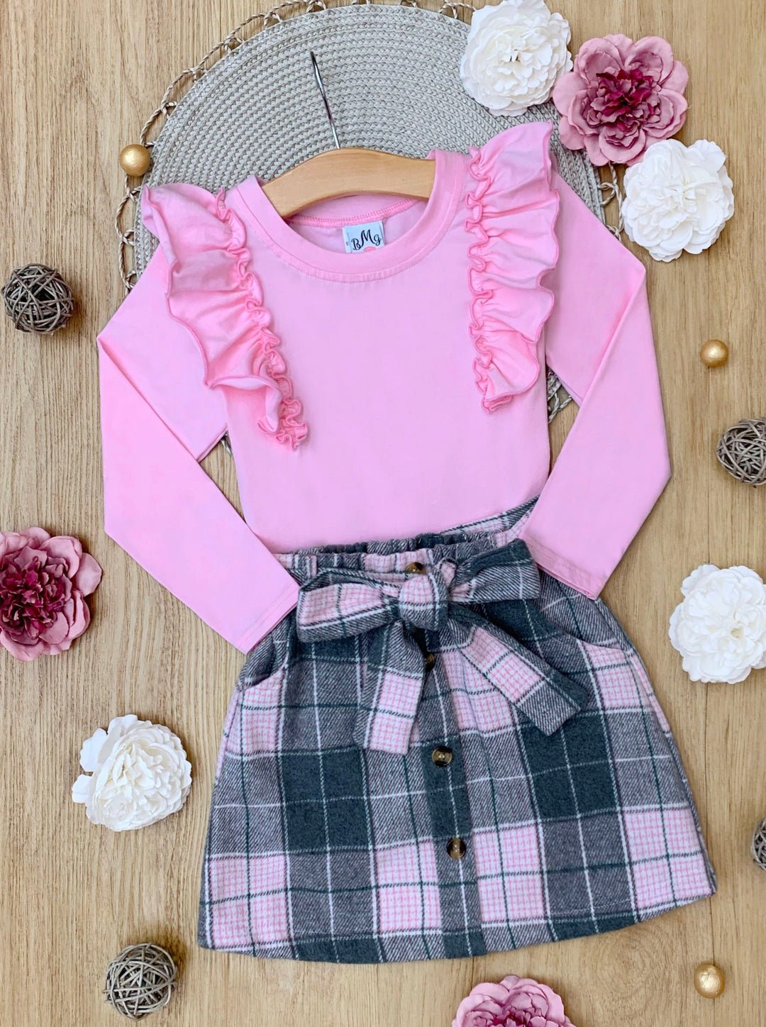 Set aus Oberteil mit rosa Rüschen und Rock aus gebürstetem Fleece mit Plaid Delight