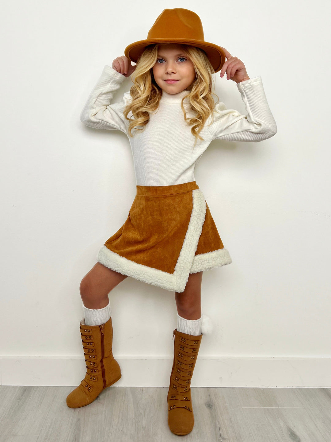 Ivory Turtleneck Top and Camel Fur Trimmed Skort Set