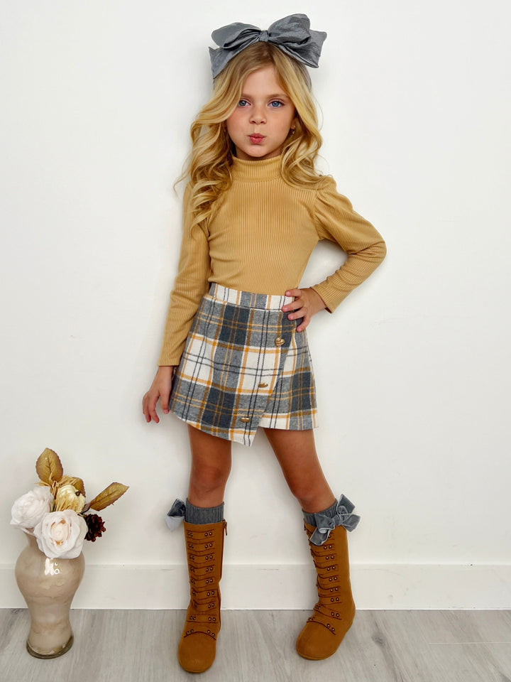 Beige Turtleneck Top and Plaid Skort Set