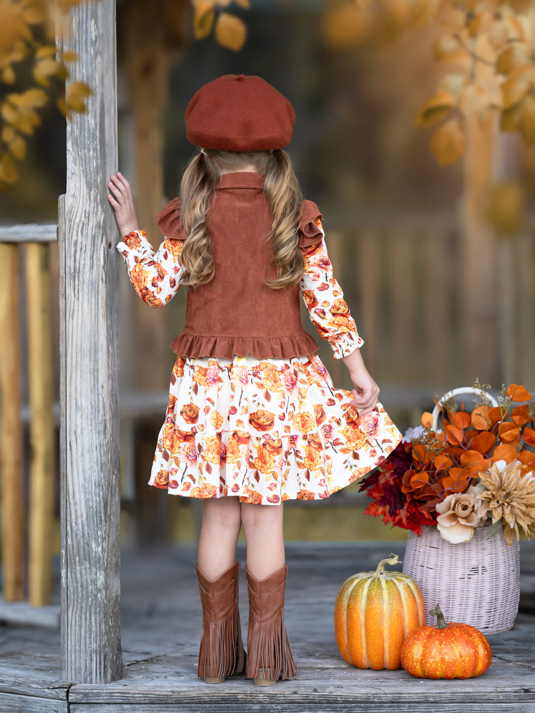 Autumn Floral Faux Suede Vest Dress Set