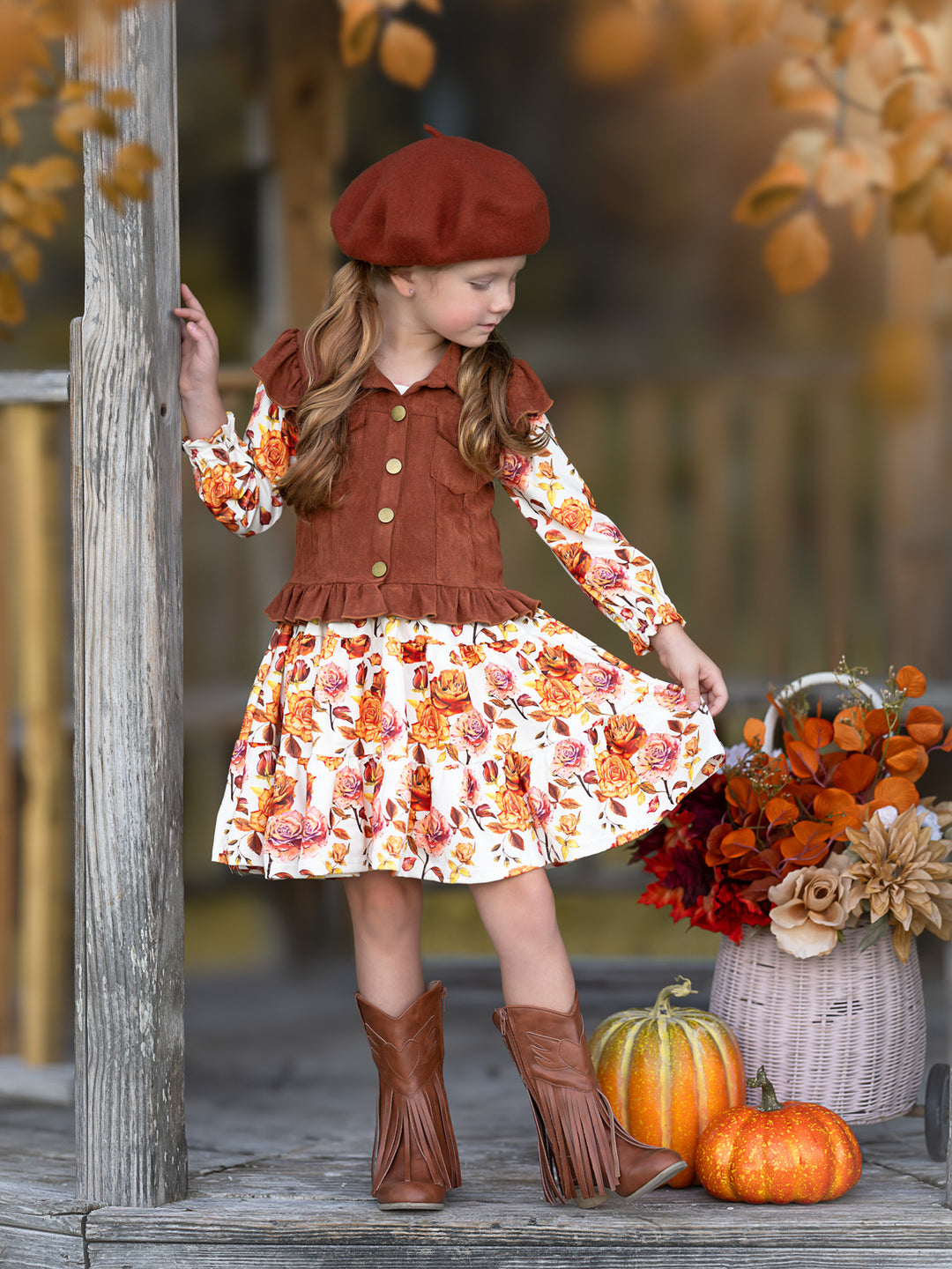 Autumn Floral Faux Suede Vest Dress Set