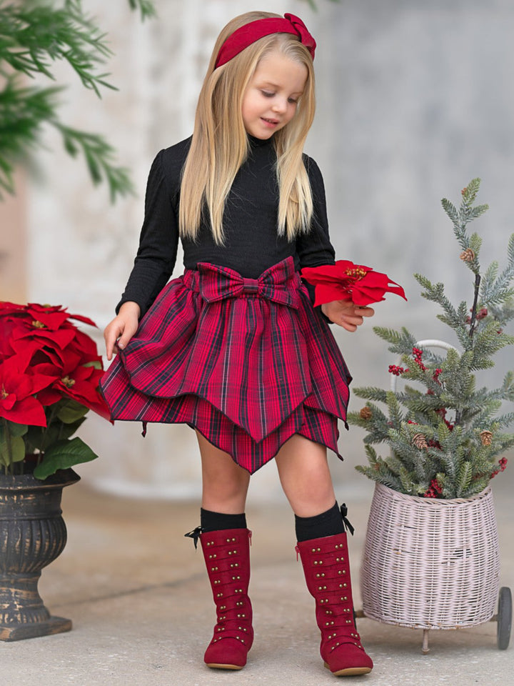 Turtleneck Top and Plaid Hankerchief Skirt Set