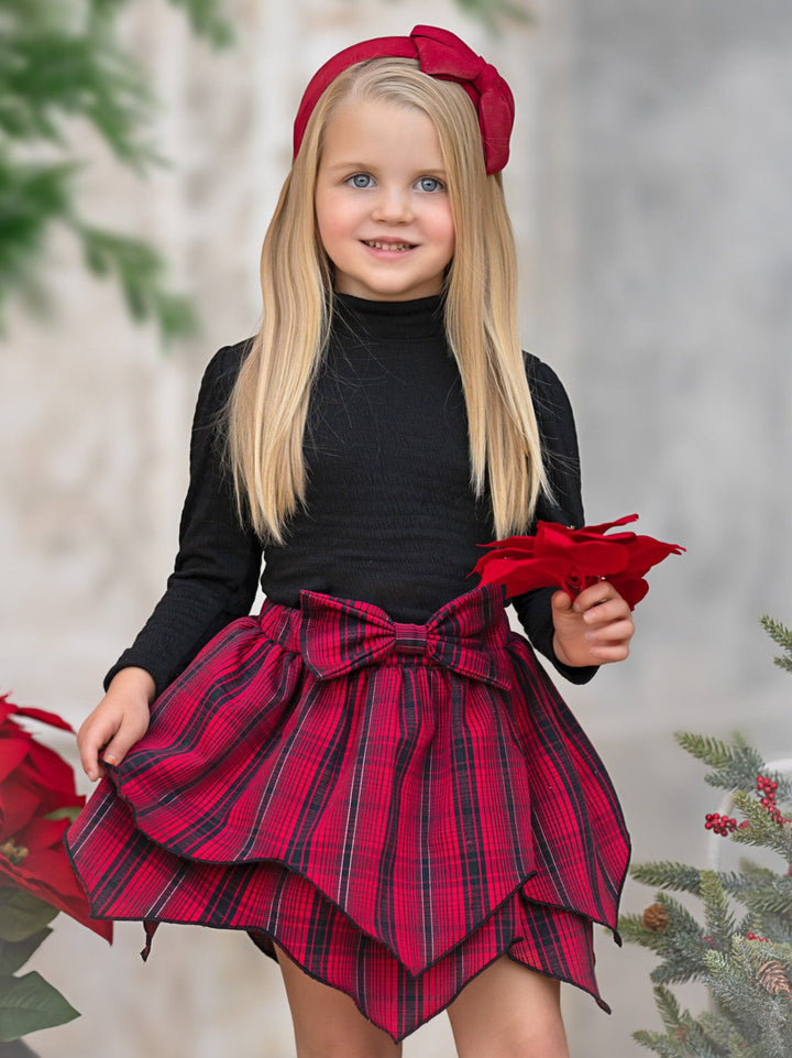 Turtleneck Top and Plaid Hankerchief Skirt Set