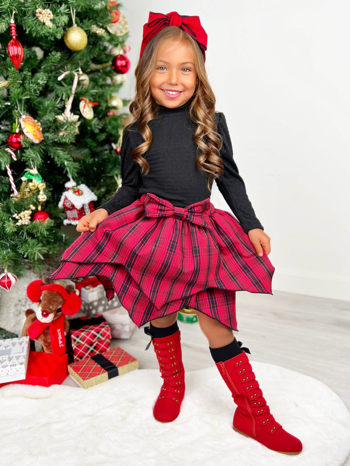 Turtleneck Top and Plaid Hankerchief Skirt Set