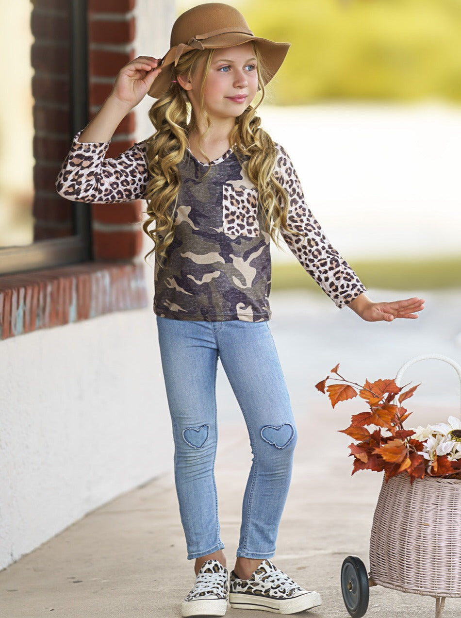 Girls Leopard and Camo Long Sleeved Raglan Top - Mia Belle Girl