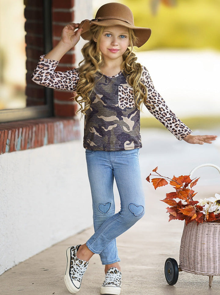 Girls Leopard and Camo Long Sleeved Raglan Top - Mia Belle Girl