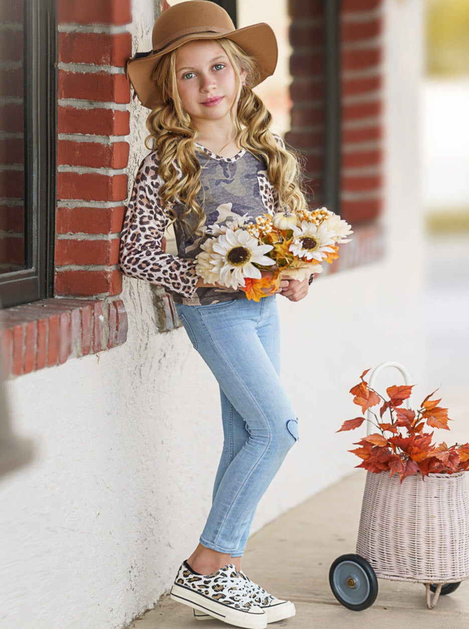 Girls Leopard and Camo Long Sleeved Raglan Top - Mia Belle Girl