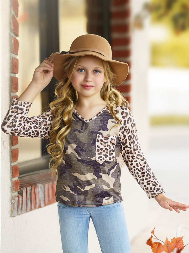 Girls Leopard and Camo Long Sleeved Raglan Top - Mia Belle Girl