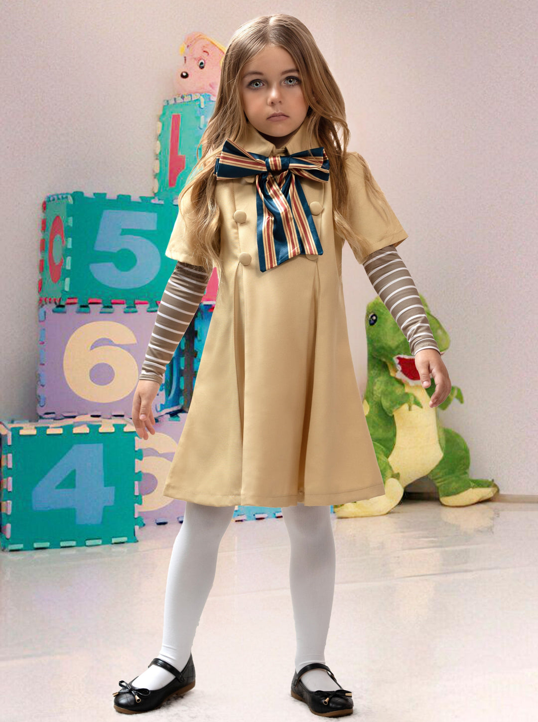 Girls Halloween Costumes | M3GAN Beige Pleated Trench Dress Costume