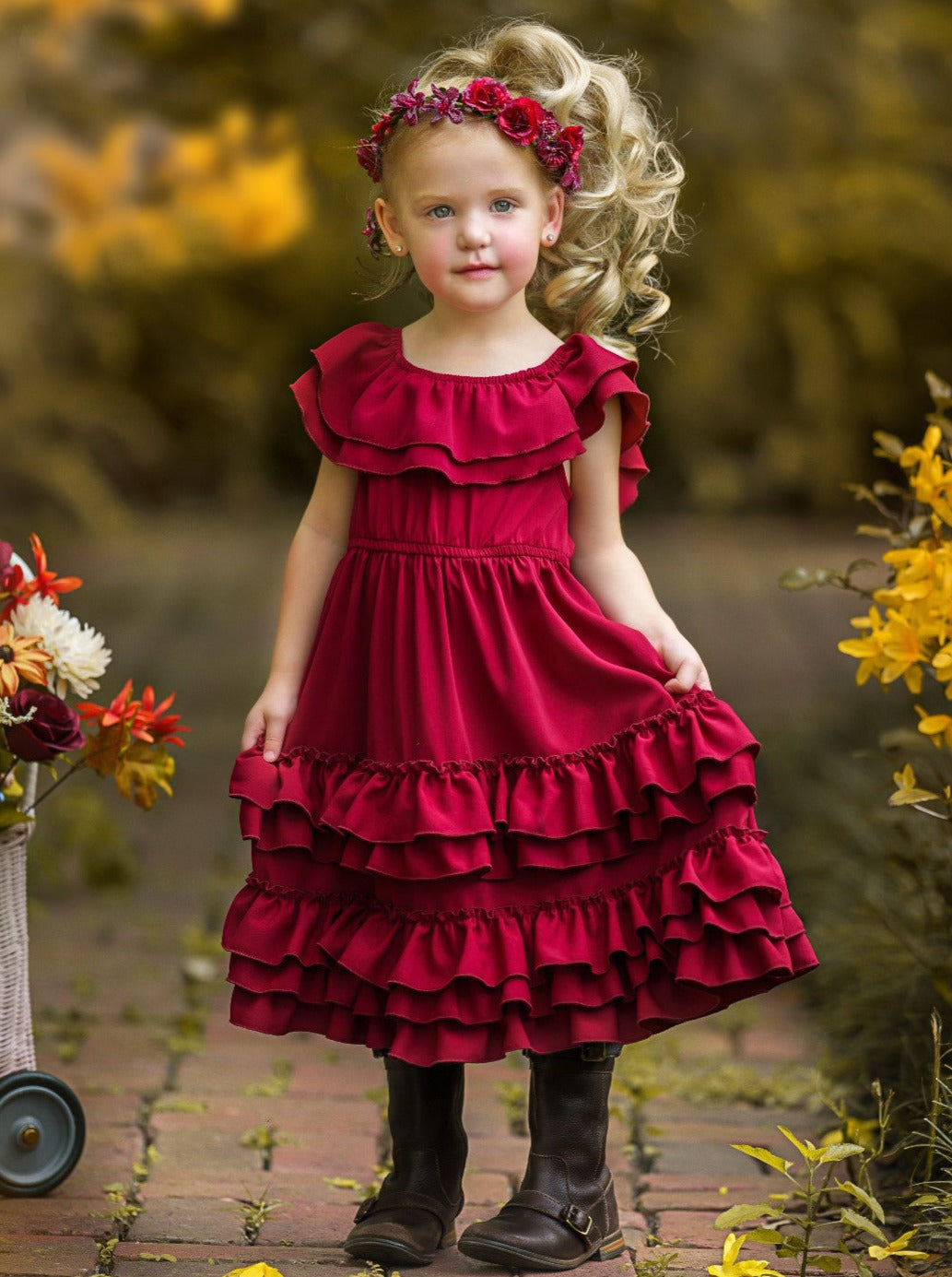 Little Girls Fall Boho Burgundy Tiered Ruffle Dress - Mia Belle Girls