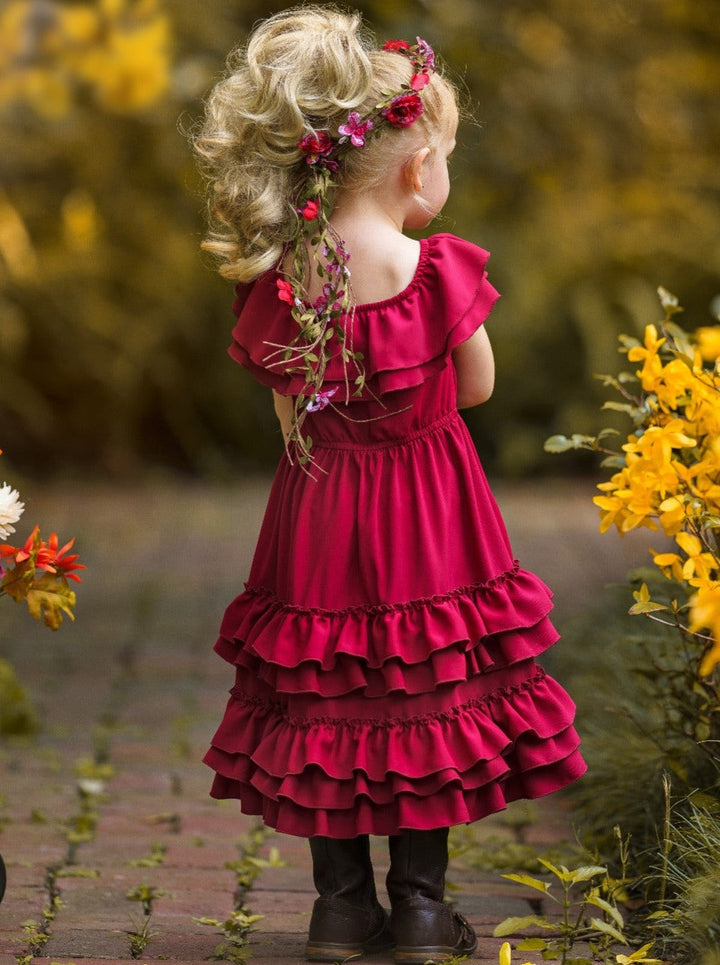 Little Girls Fall Boho Burgundy Tiered Ruffle Dress - Mia Belle Girls