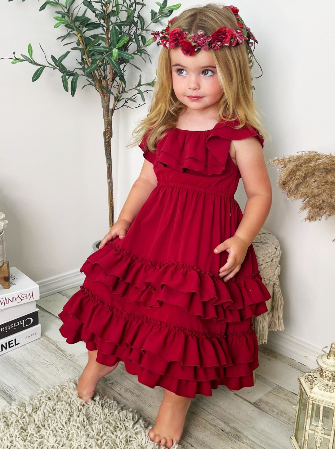 Little Girls Fall Boho Burgundy Tiered Ruffle Dress - Mia Belle Girls