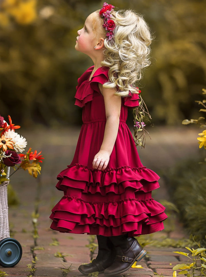 Little Girls Fall Boho Burgundy Tiered Ruffle Dress - Mia Belle Girls