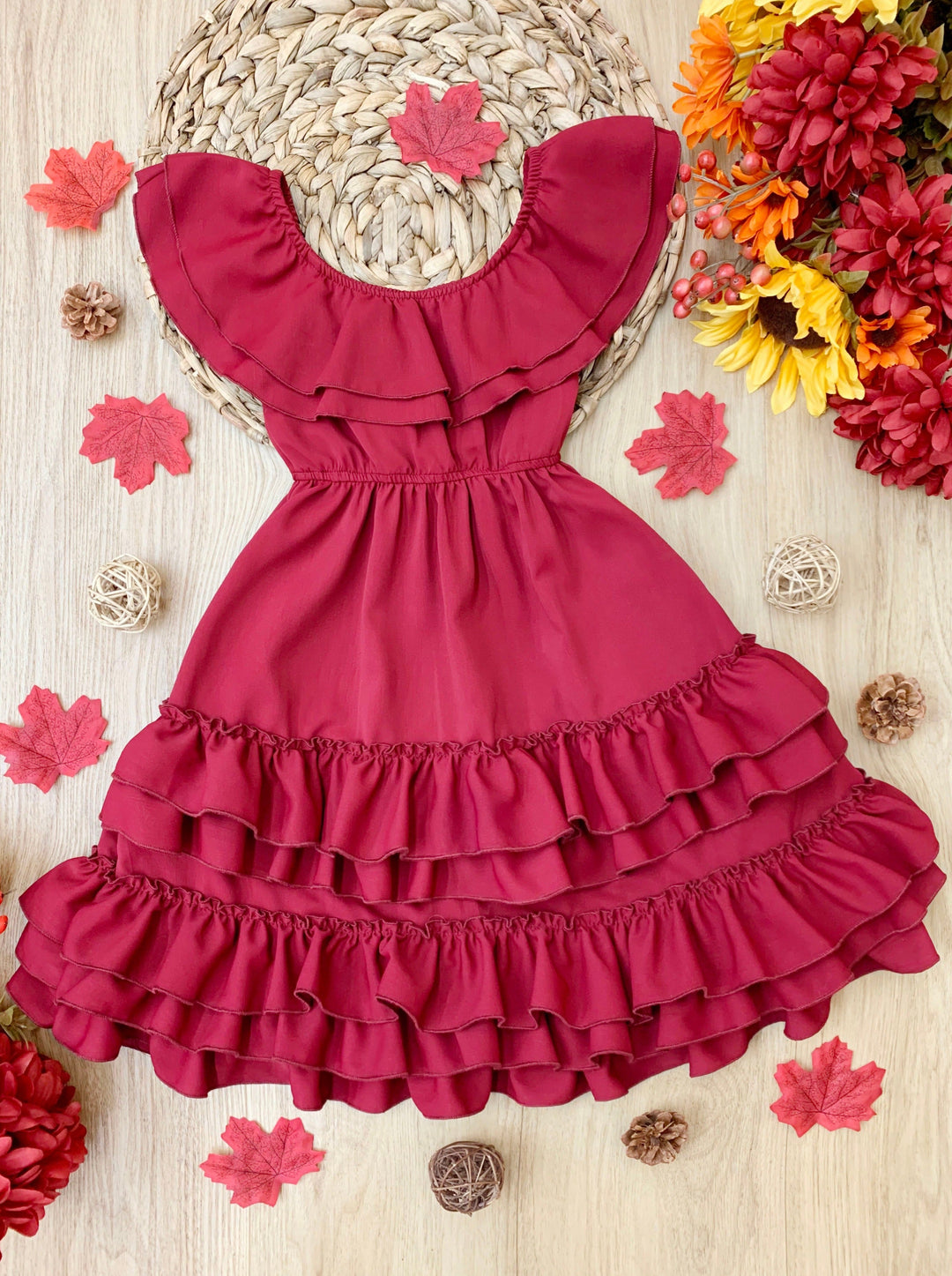 Little Girls Fall Boho Burgundy Tiered Ruffle Dress - Mia Belle Girls