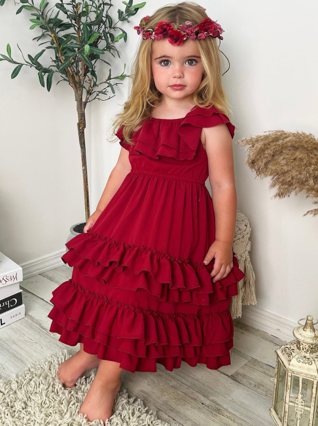 Little Girls Fall Boho Burgundy Tiered Ruffle Dress - Mia Belle Girls