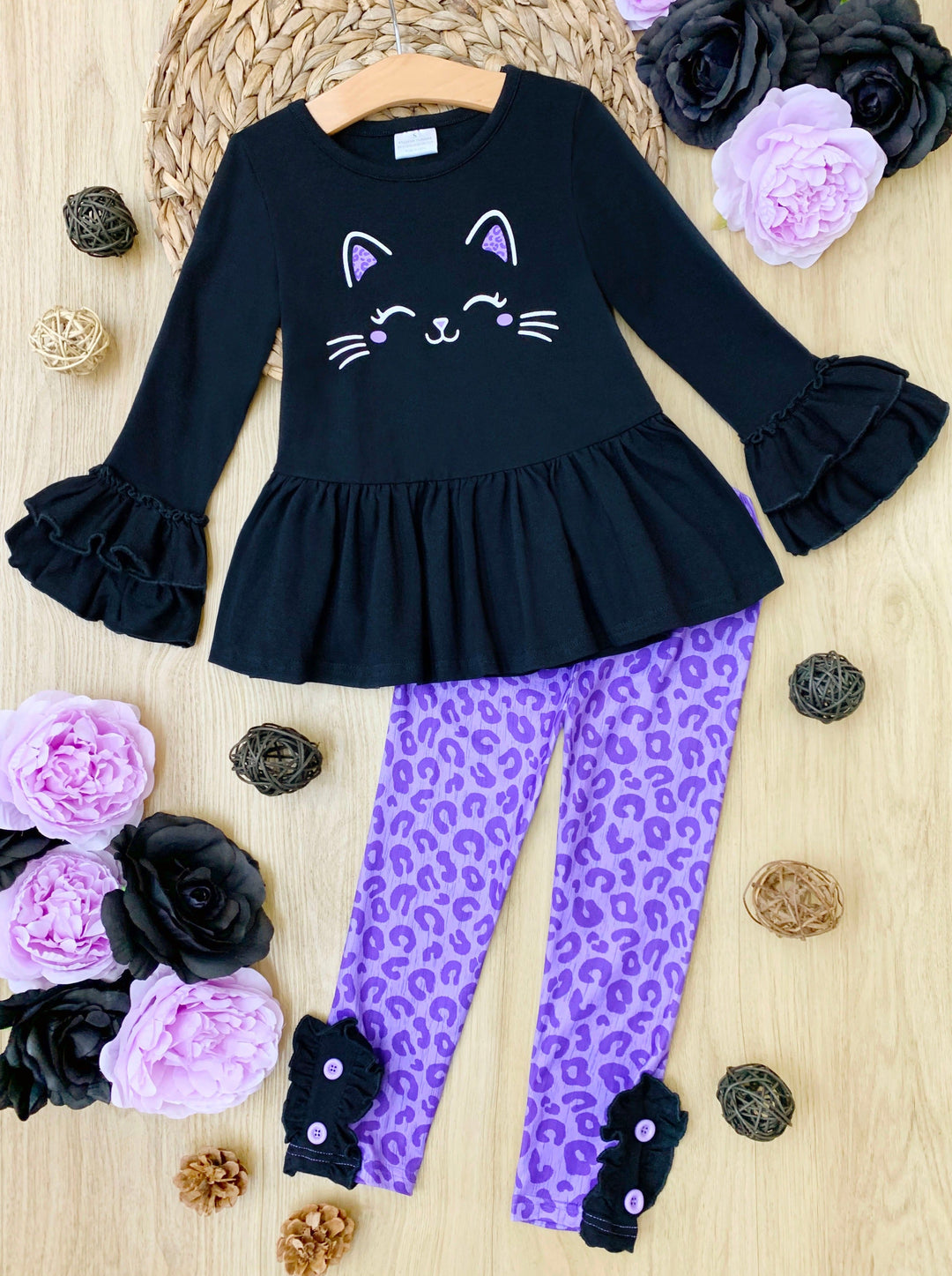 Girls Fall Outfit | Kitty Top & Leopard Legging Set - Mia Belle Girls