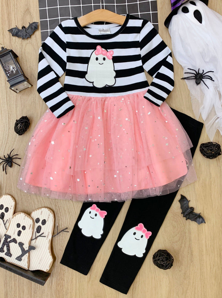 Girls Halloween Apparel | Striped Ghost Sequin Tutu Tunic Legging Set