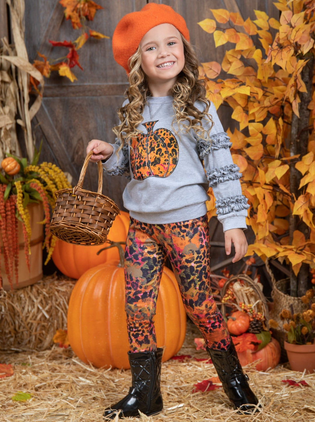 Mia Belle Girls Fall Pumpkin Frill Pullover & Legging Set