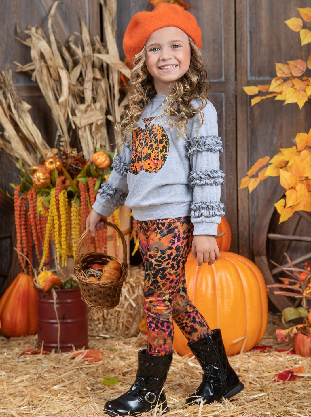 Mia Belle Girls Fall Pumpkin Frill Pullover & Legging Set