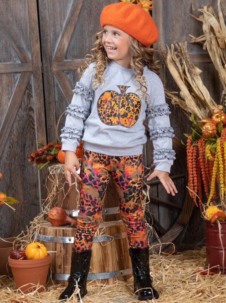 Mia Belle Girls Fall Pumpkin Frill Pullover & Legging Set