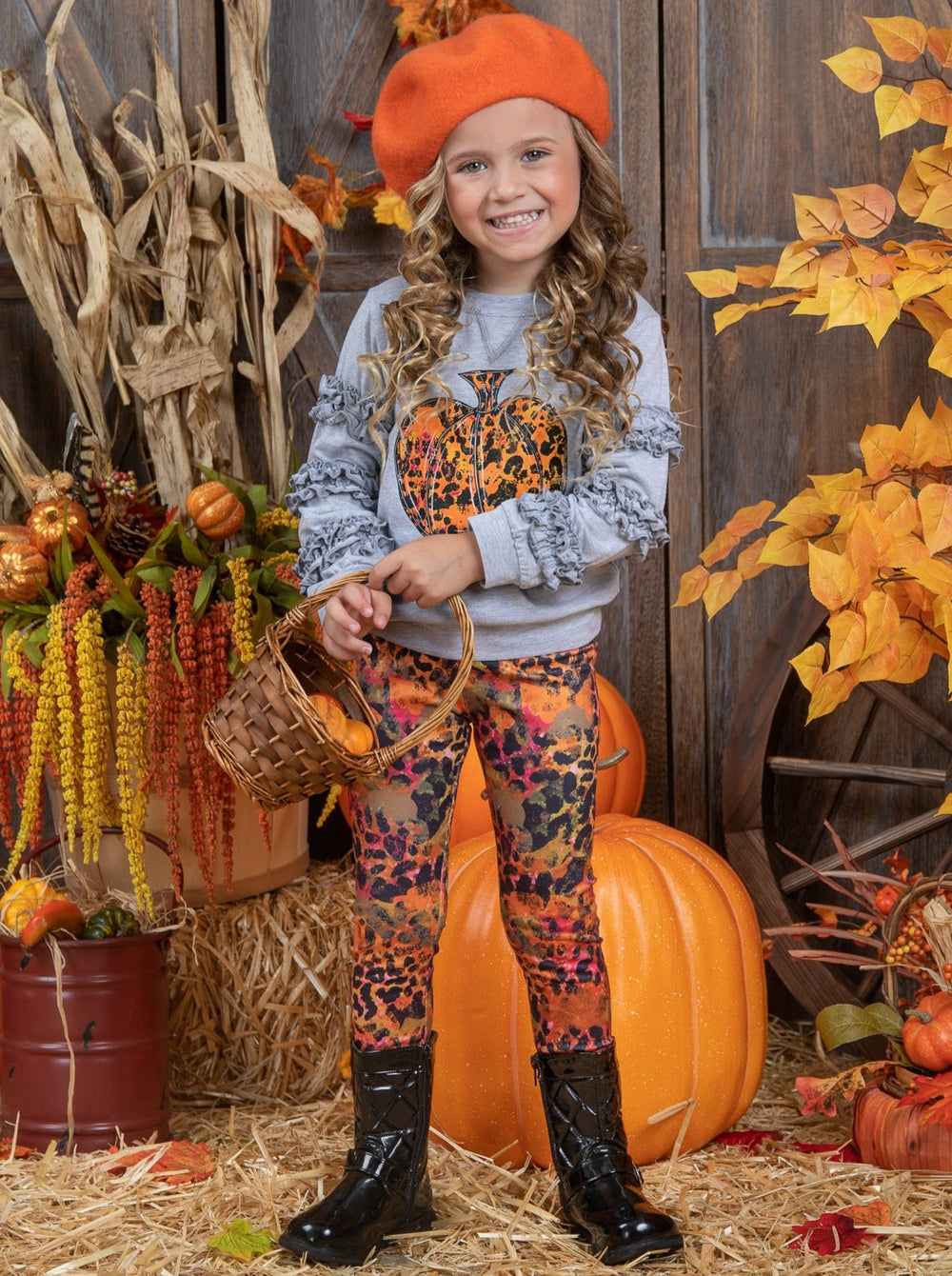 Mia Belle Girls Fall Pumpkin Frill Pullover & Legging Set