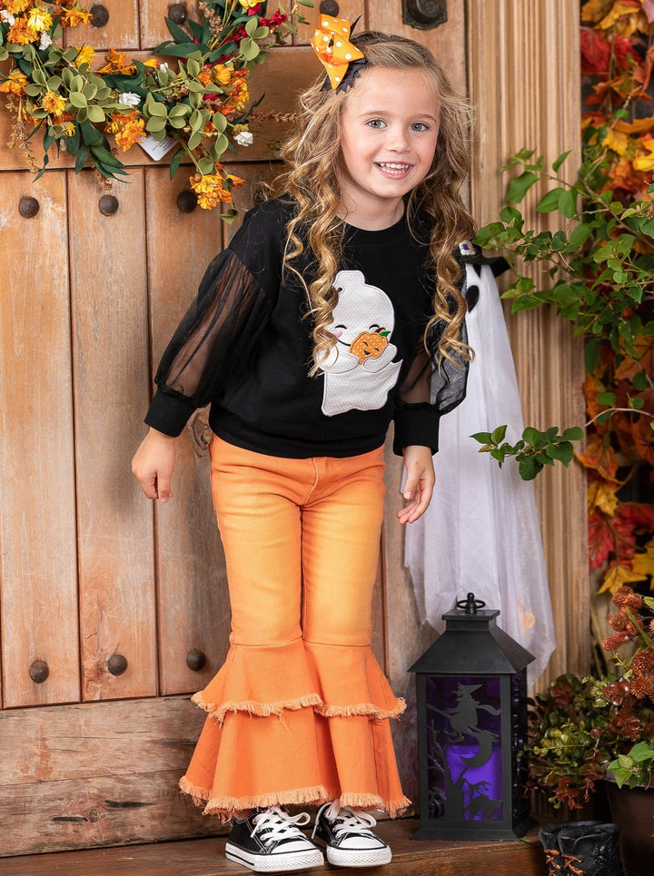 Girls Ghost Tulle Sleeve Top & Bell Bottom Jeans Set - Mia Belle Girls