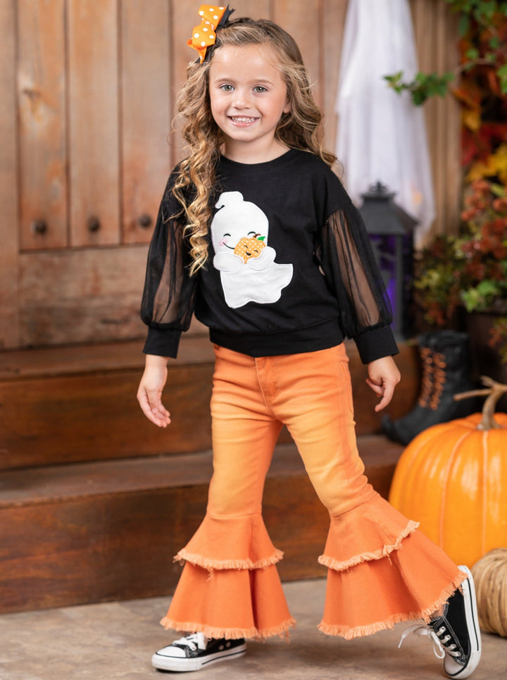 Girls Ghost Tulle Sleeve Top & Bell Bottom Jeans Set - Mia Belle Girls