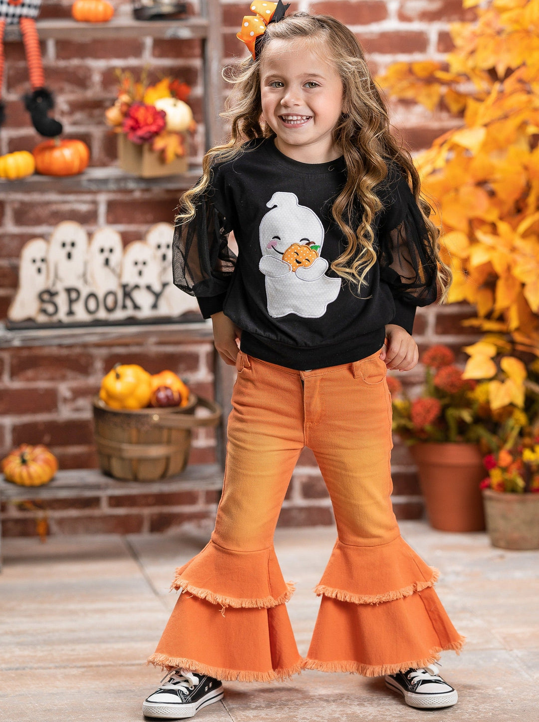 Girls Ghost Tulle Sleeve Top & Bell Bottom Jeans Set - Mia Belle Girls