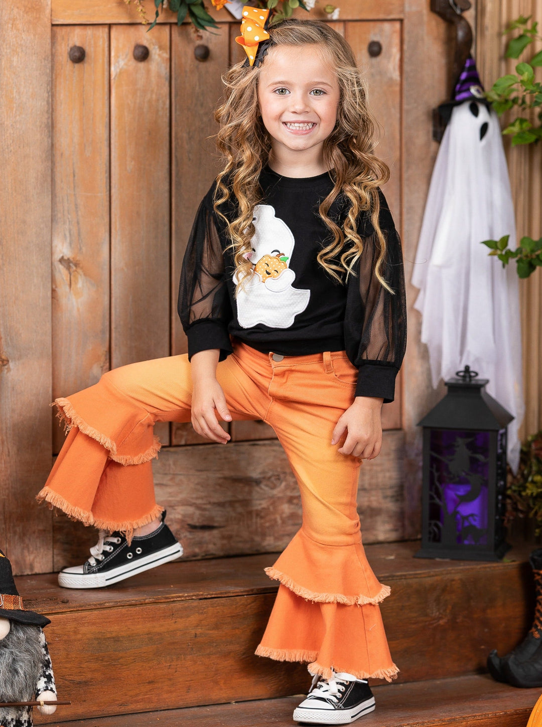 Girls Ghost Tulle Sleeve Top & Bell Bottom Jeans Set - Mia Belle Girls