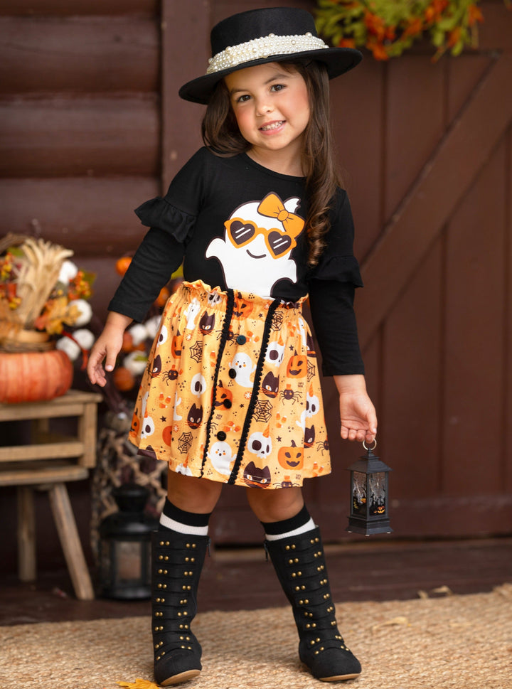 Girls Halloween Apparel | Cute Ghost Top & Skirt Set - Mia Belle Girls