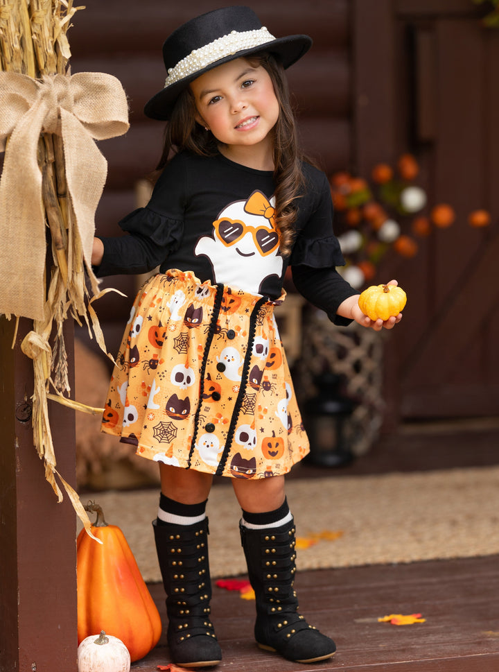 Girls Halloween Apparel | Cute Ghost Top & Skirt Set - Mia Belle Girls