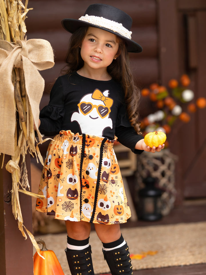 Girls Halloween Apparel | Cute Ghost Top & Skirt Set - Mia Belle Girls