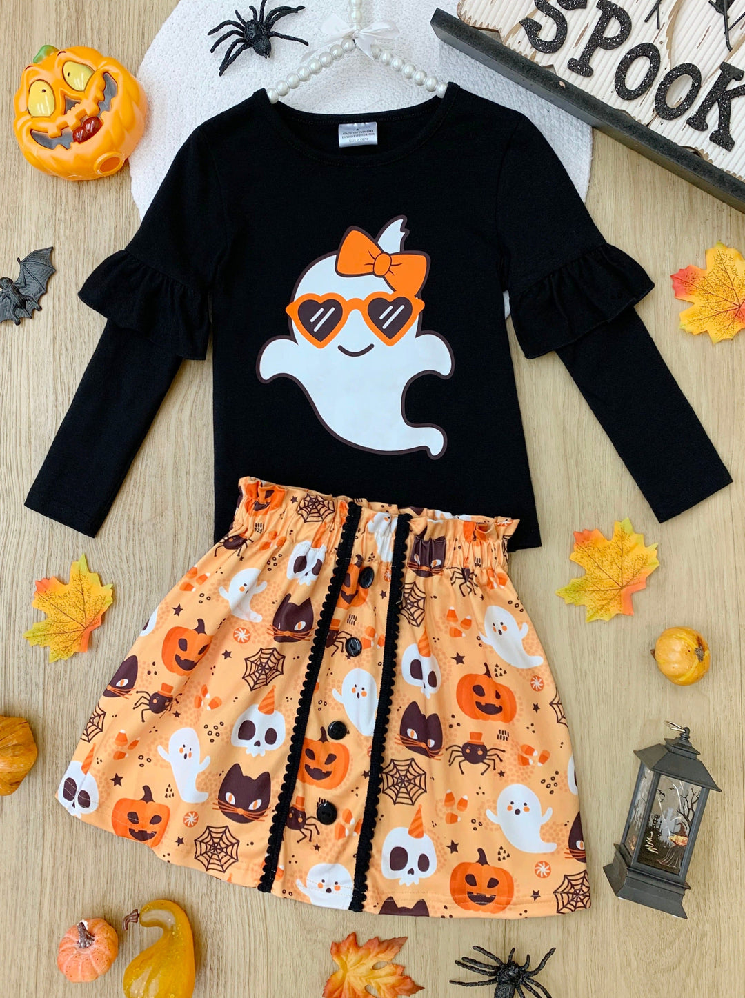 Girls Halloween Apparel | Cute Ghost Top & Skirt Set - Mia Belle Girls