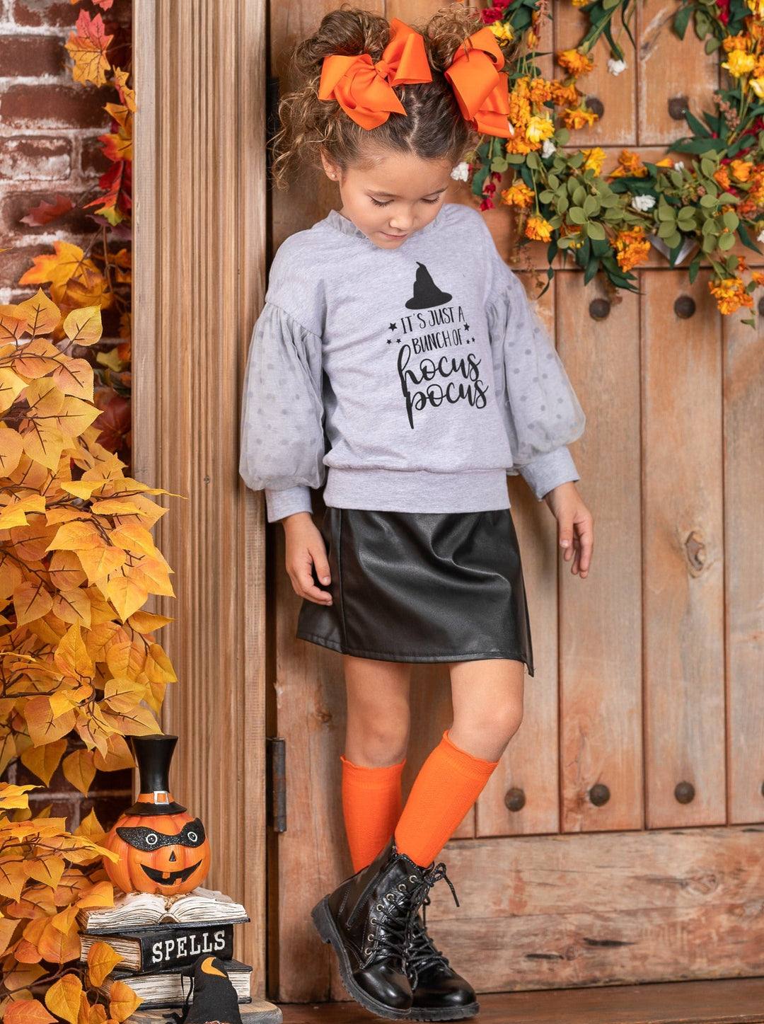 Girls Hocus Pocus Sweater & Vegan Leather Skirt Set - Mia Belle Girls