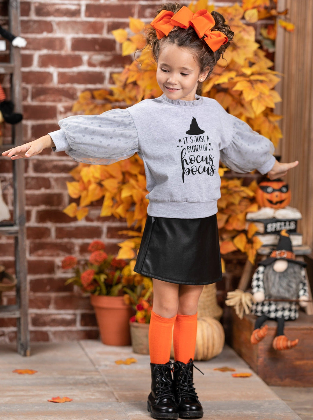 Girls Hocus Pocus Sweater & Vegan Leather Skirt Set - Mia Belle Girls