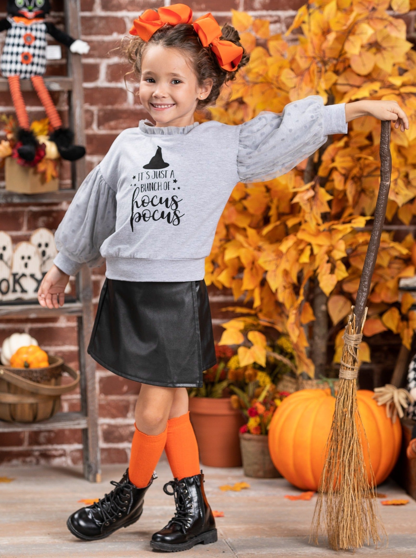 Bunch of Hocus Pocus Sweater and Vegan Leather Skirt Set Grey 6Y