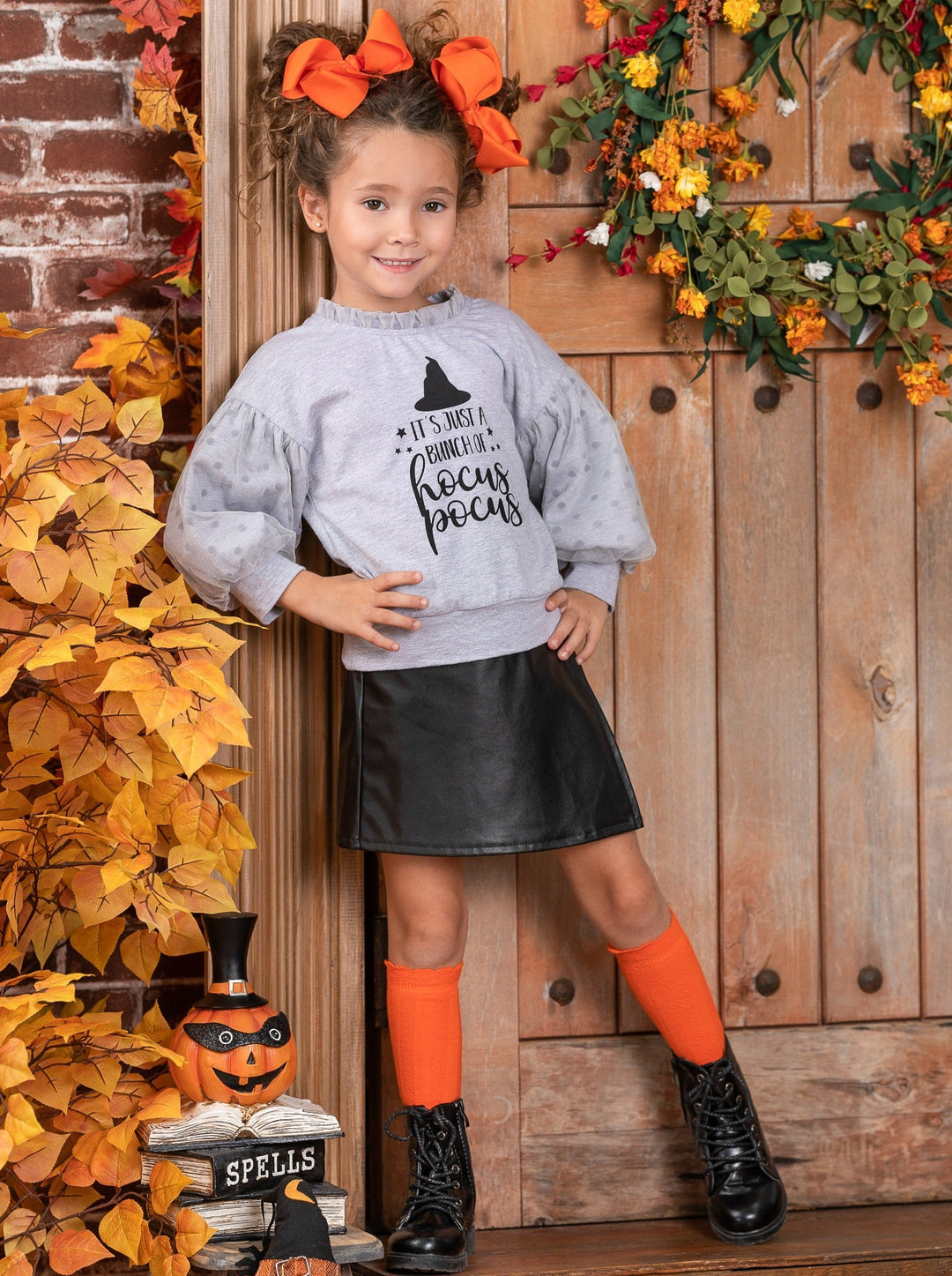 Girls Hocus Pocus Sweater & Vegan Leather Skirt Set - Mia Belle Girls