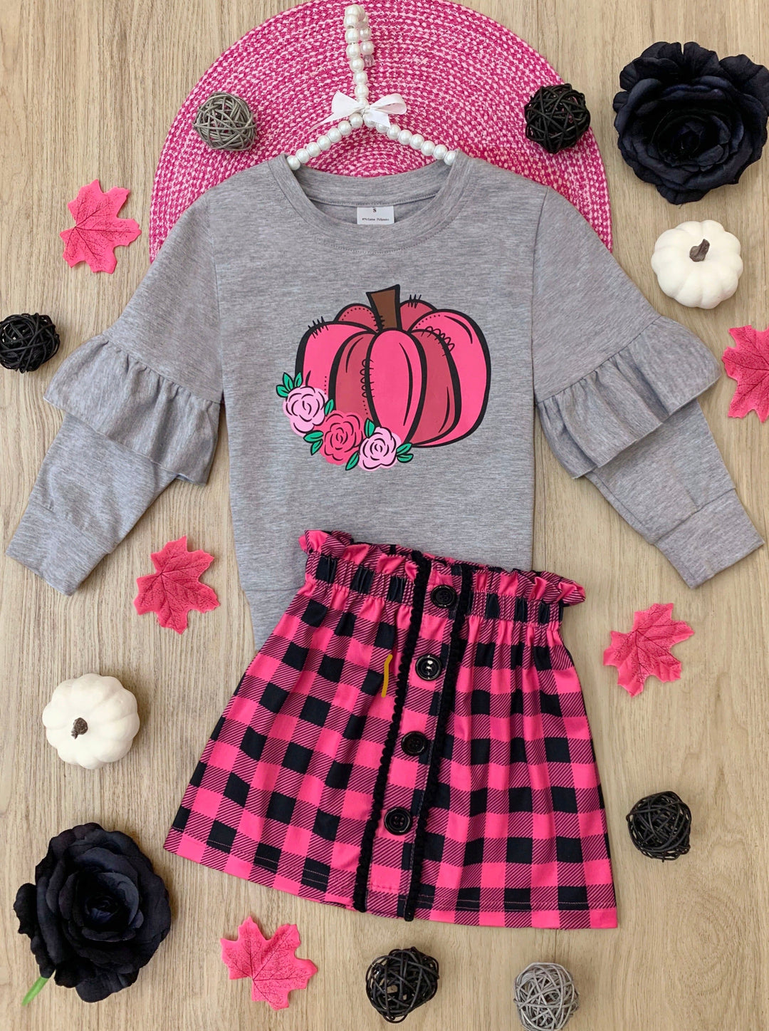 Mia Belle Girls Pumpkin Ruffle Pullover & Plaid Skirt Set | Girls Sets